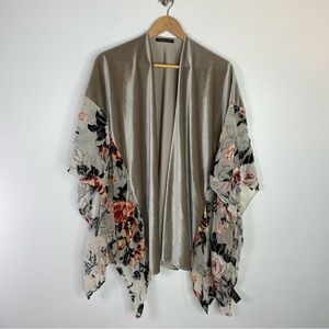 Do Everything in Love Gray Velveteen Wrap Shawl with Floral Trim OSFM